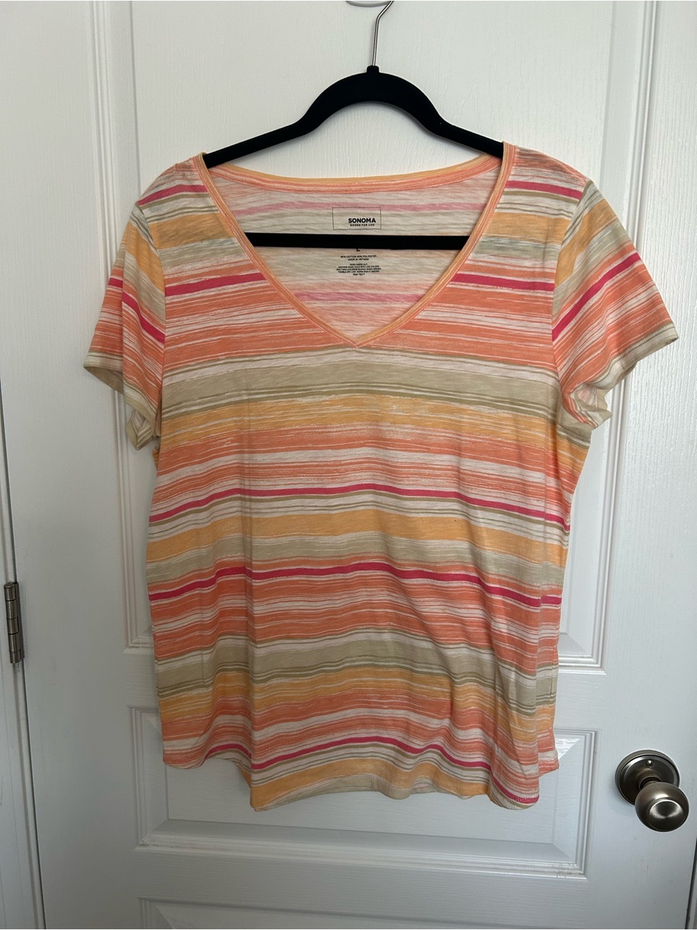 Sonoma Striped V-Neck Tee in Coral, Peach & Cream
